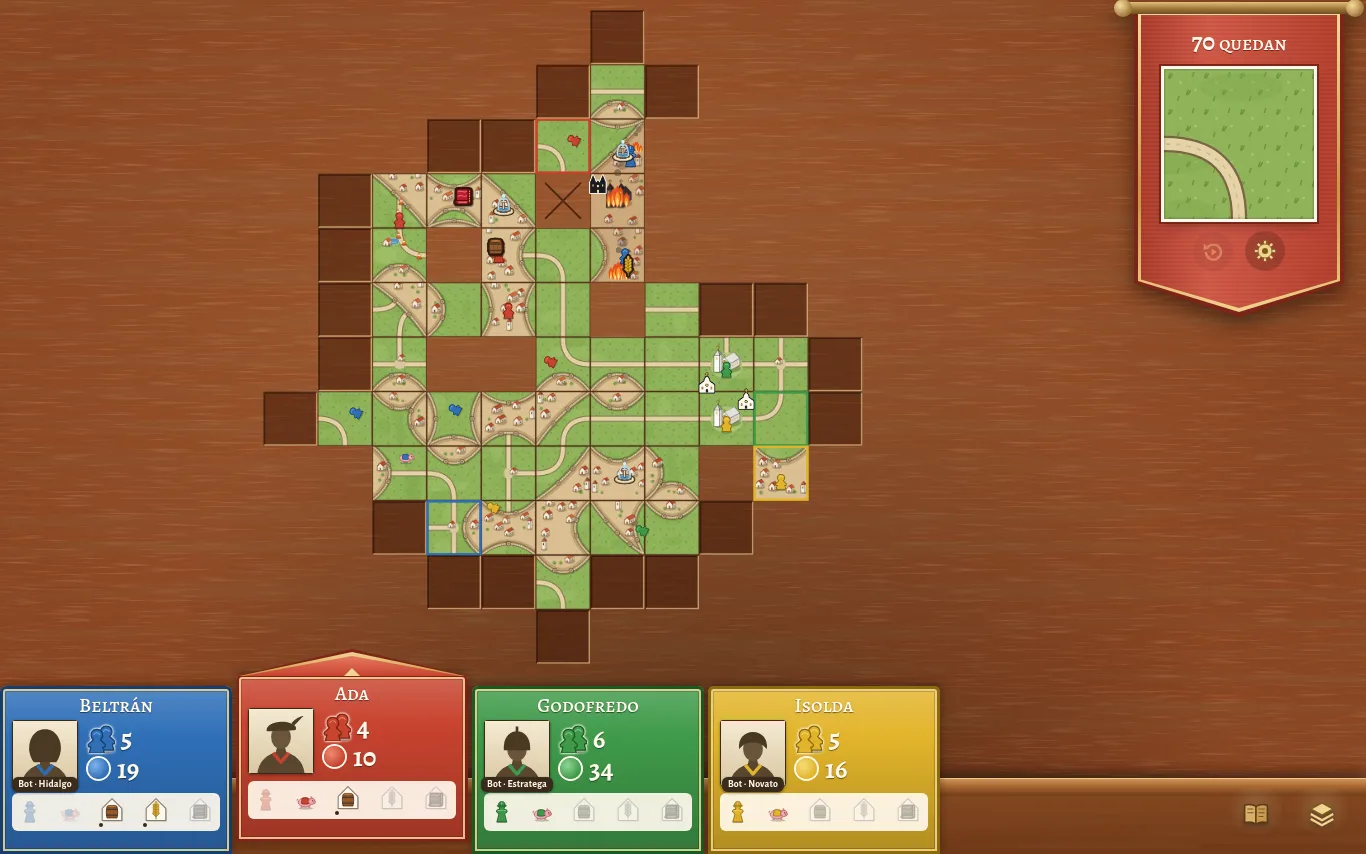 Una partida en la computadora: el mapa, el panel de jugadores y la loseta en la mano