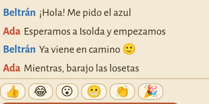 Chat de la sala con mensajes y reacciones rápidas