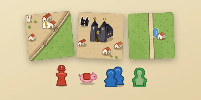 Tiles with goods, a cathedral and an inn, the builder, the pig, the double vassal and the shadow