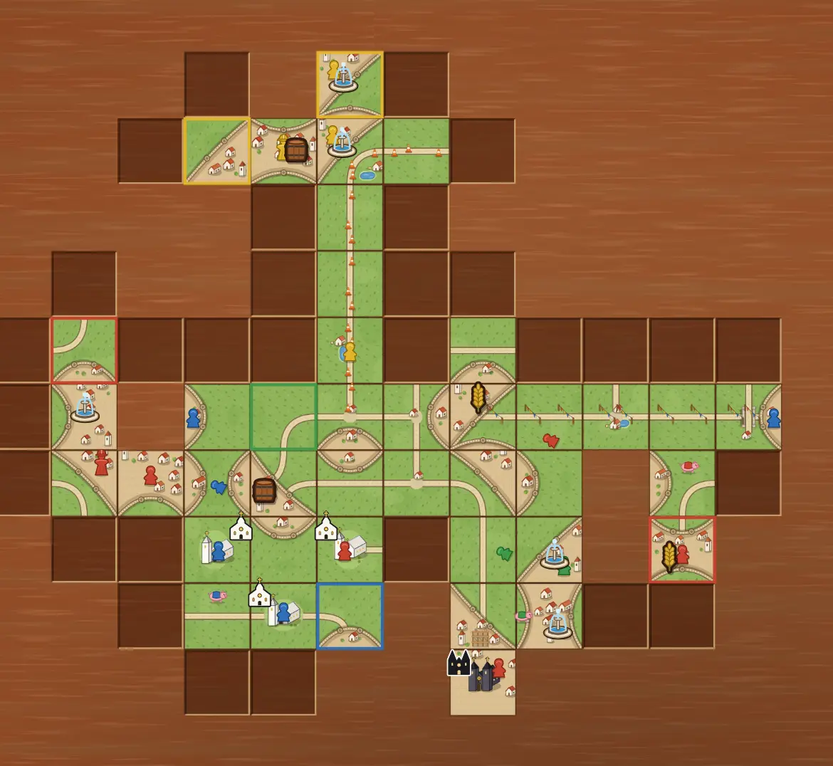 A game in progress: cities, roads, cloisters and players’ figures